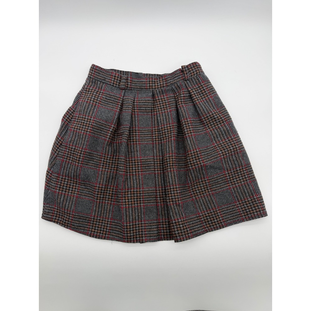 Vintage Glen Plaid Pleated Mini Skirt Grey Red High Waisted A-Line with Pockets